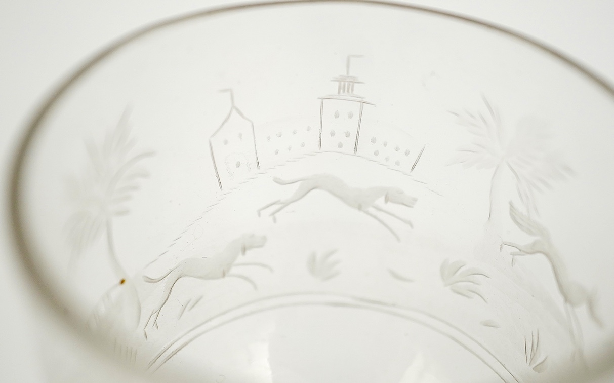 Two faceted wine glasses, engraved with hunting scenes, c.1780